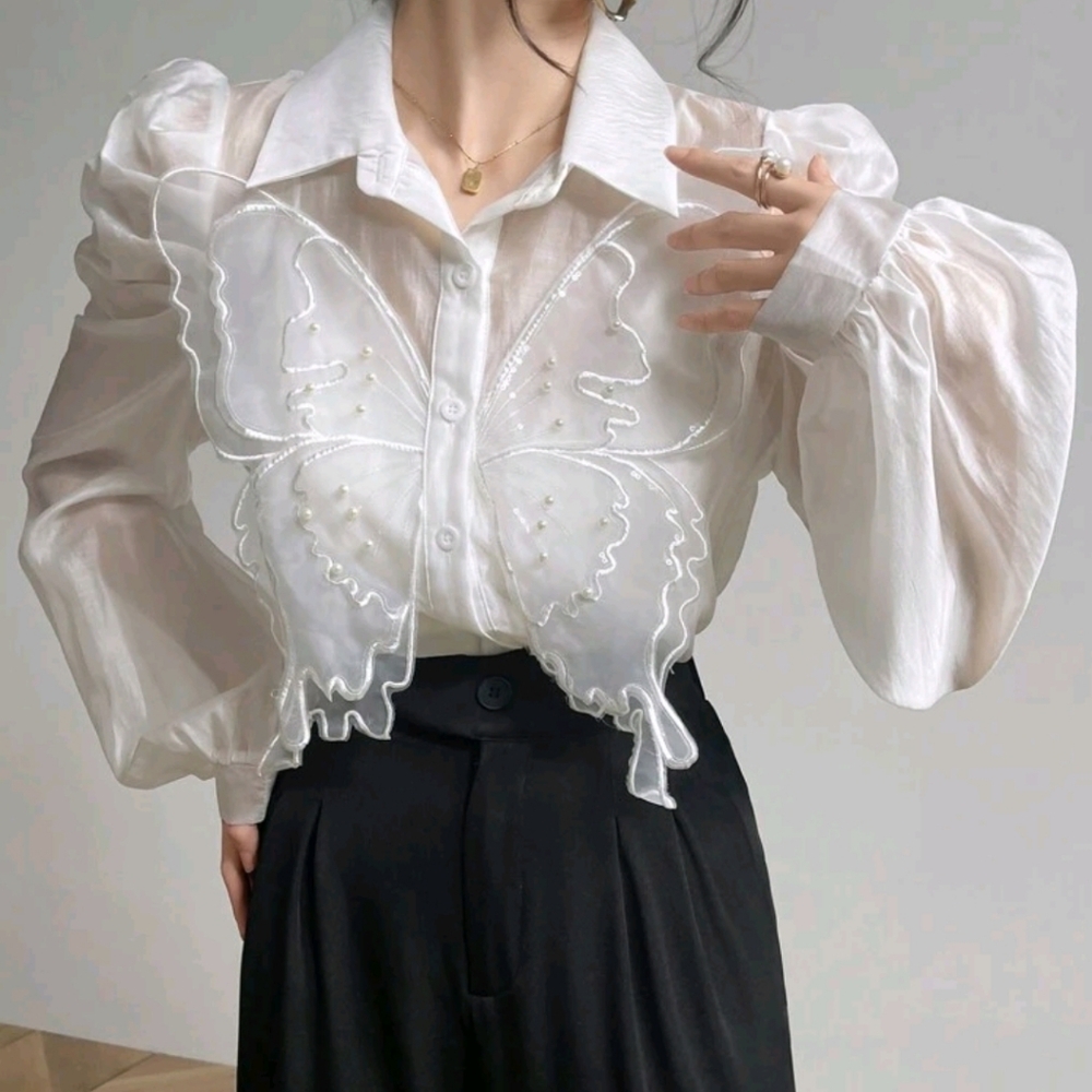 Elegant 3D Butterfly Decorated Puff Sleeve Blouse For Spring And Summer - Picture 5 of 6